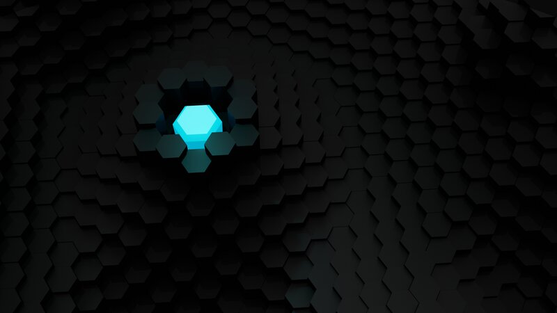 Glowing Blue Hexagon — Black, Minimalist