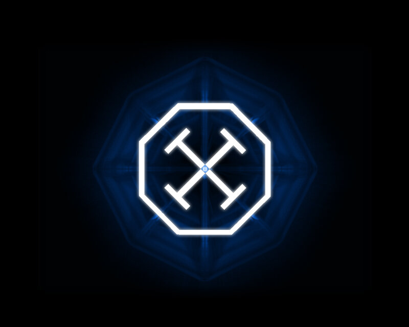 glowing blue hexagon with crossed hammers