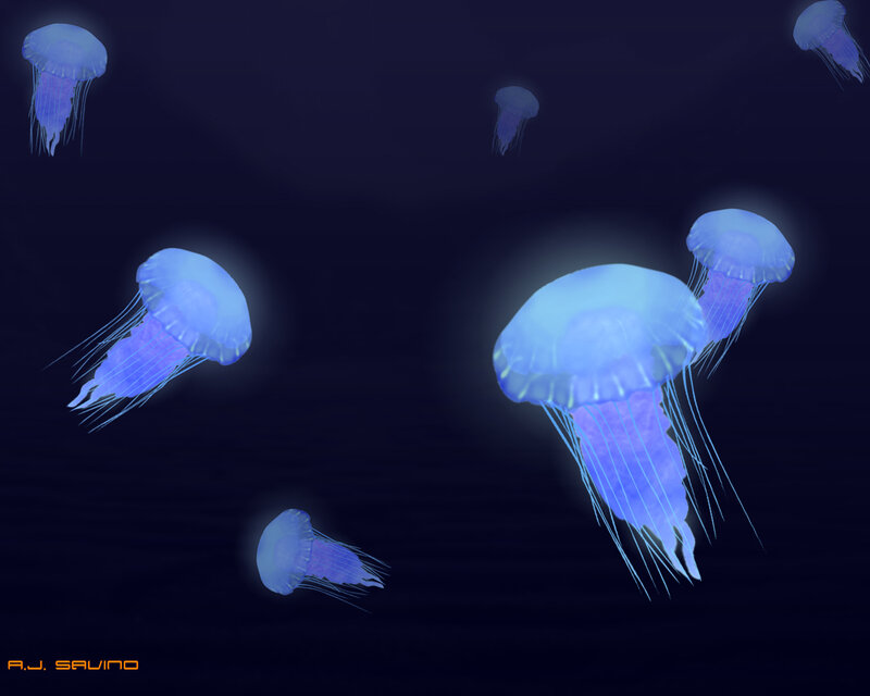 Glowing Blue Jellyfish — Serene, Night, Digital Art