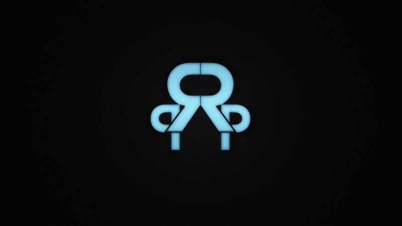 glowing blue logo on black