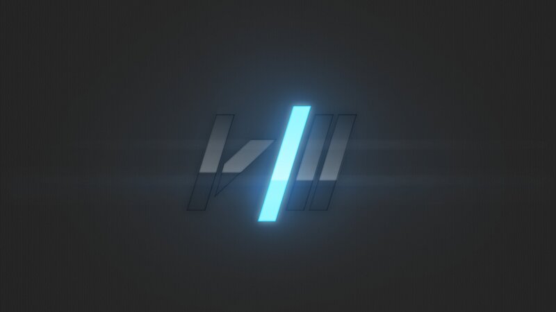 glowing blue logo on dark background