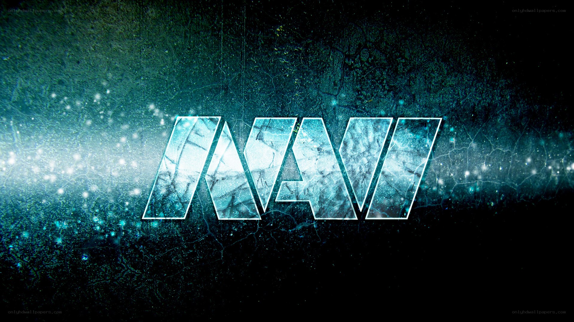 glowing blue logo on dark background