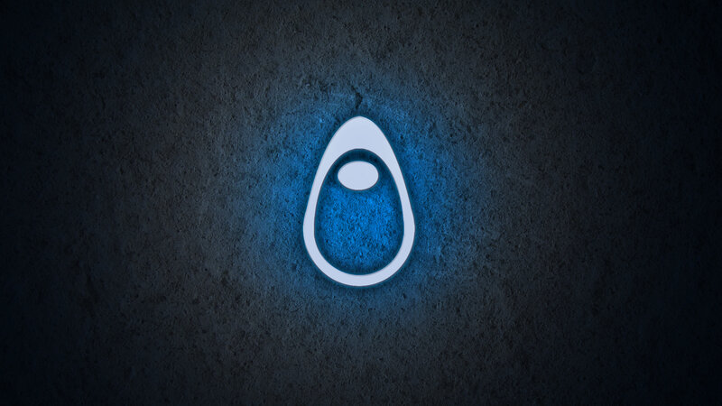 glowing blue logo on dark wall