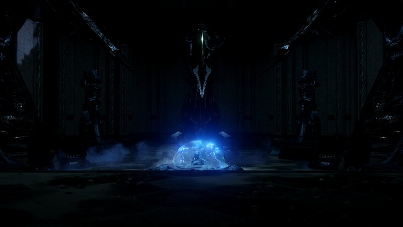 Glowing Blue Orb in Dark Chamber