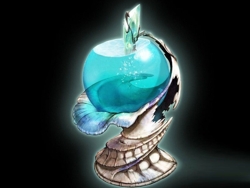 glowing blue orb on shell stand