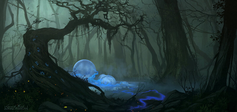 Glowing Blue Orbs in Forest