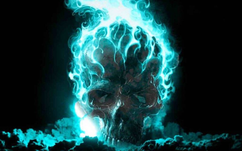 glowing blue skull