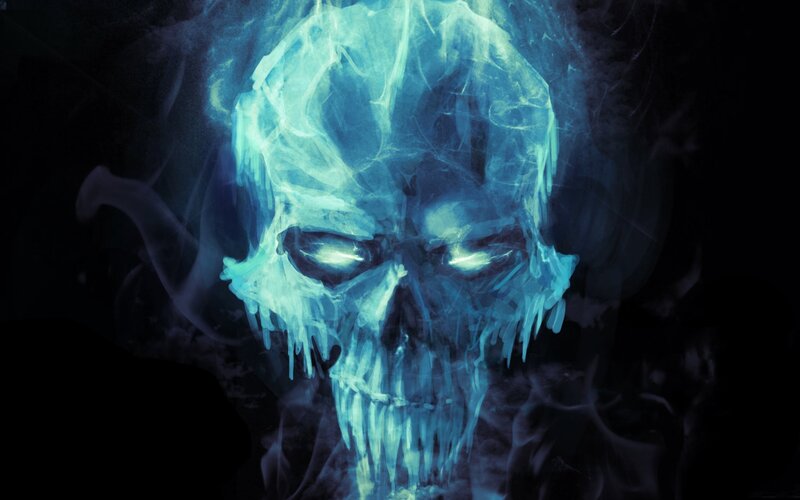 Glowing Blue Skull — Dark, Night, Digital Art, Smoke