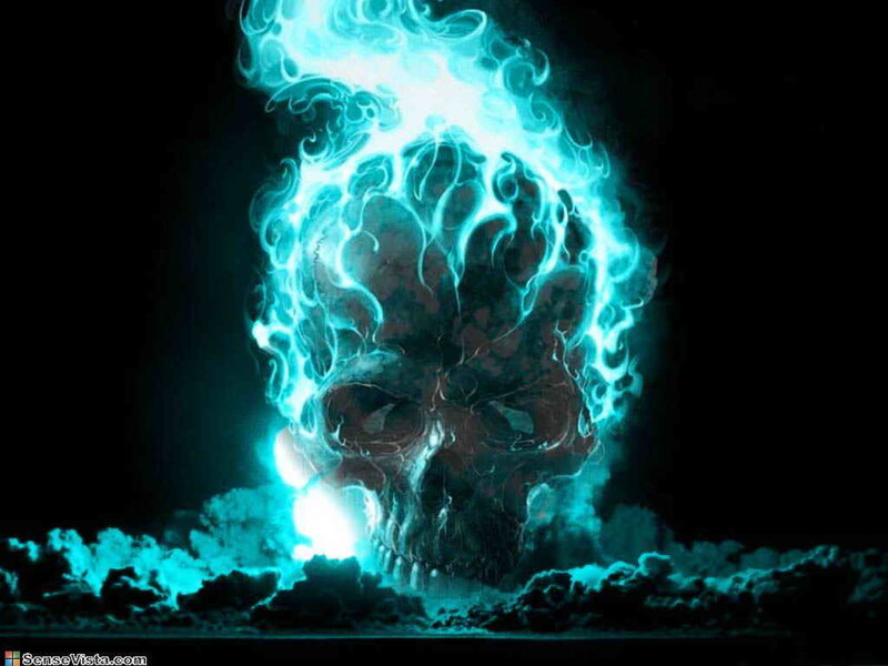 Glowing Blue Skull — Dramatic, Digital Art, Flame