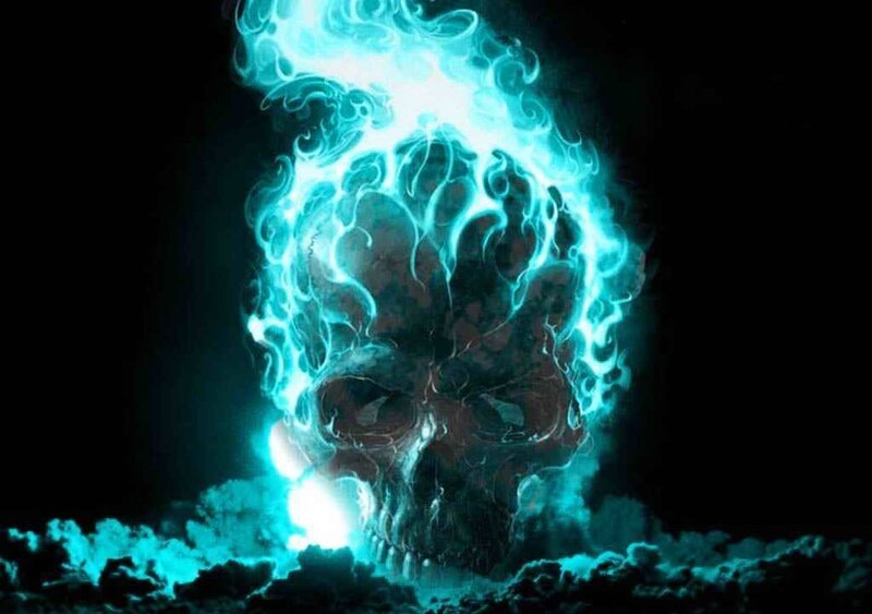 Glowing Blue Skull — Dramatic, Digital Art, Flames, Black