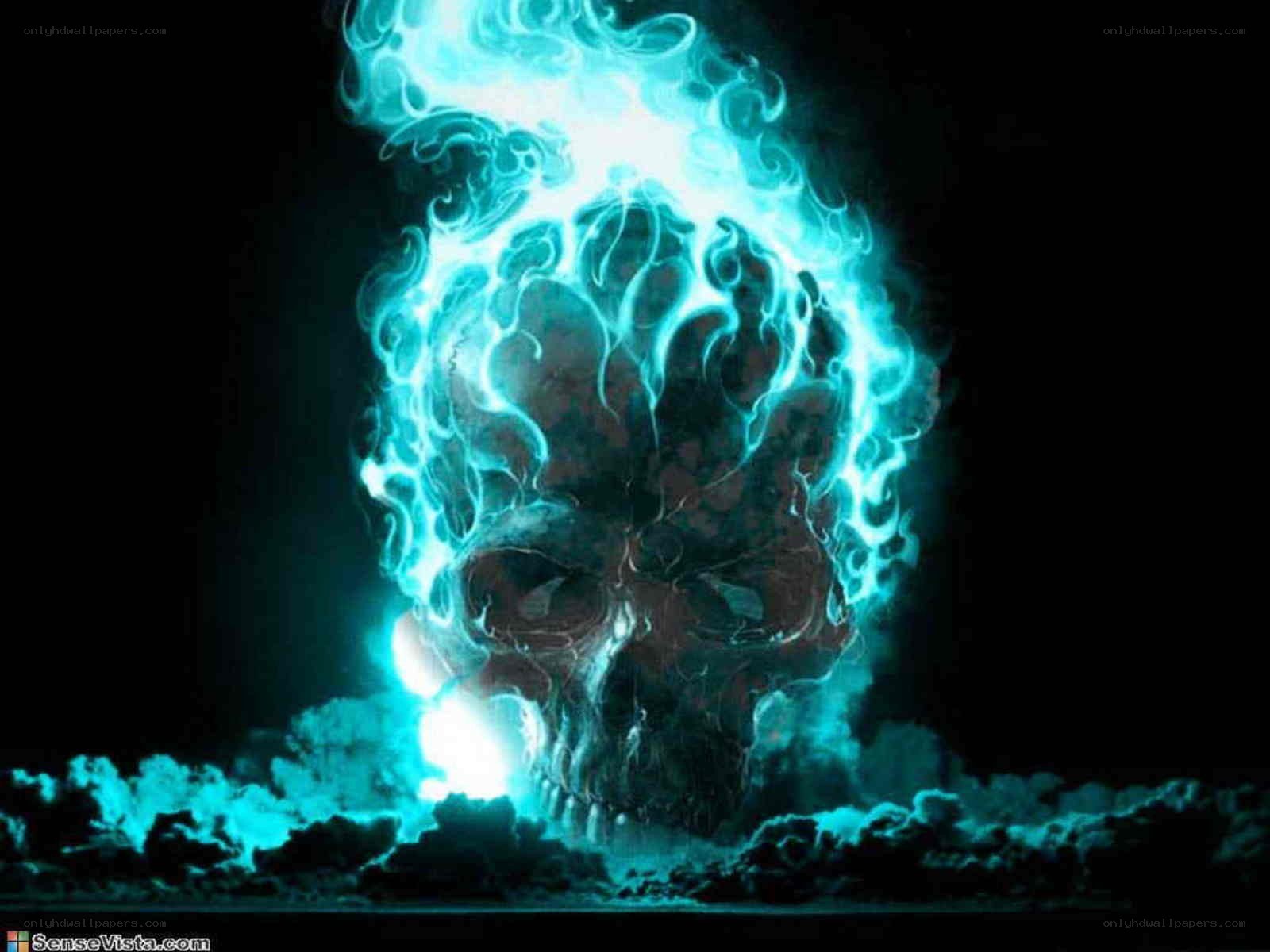 glowing blue skull fire