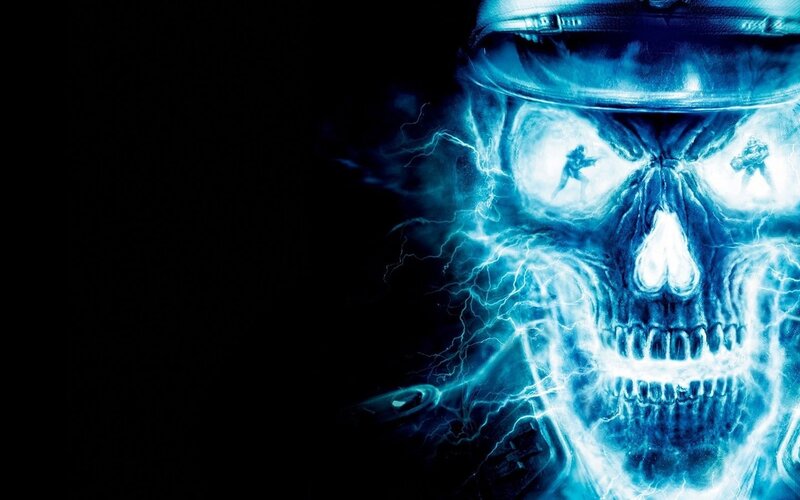 glowing blue skull with lightning