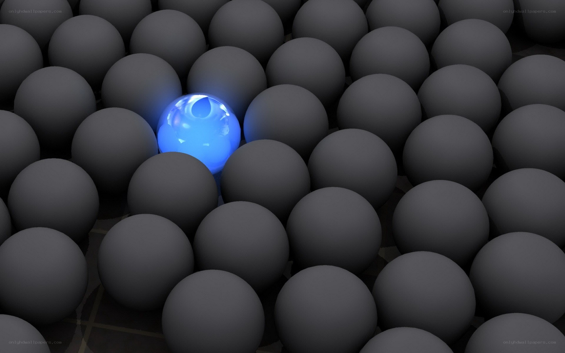 glowing blue sphere among gray spheres