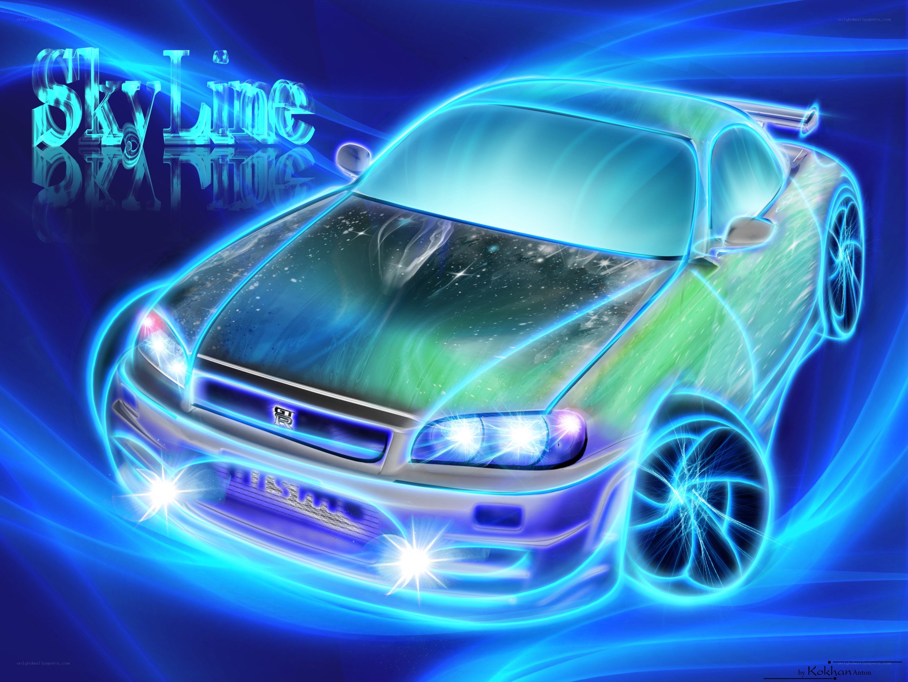 glowing blue sports car