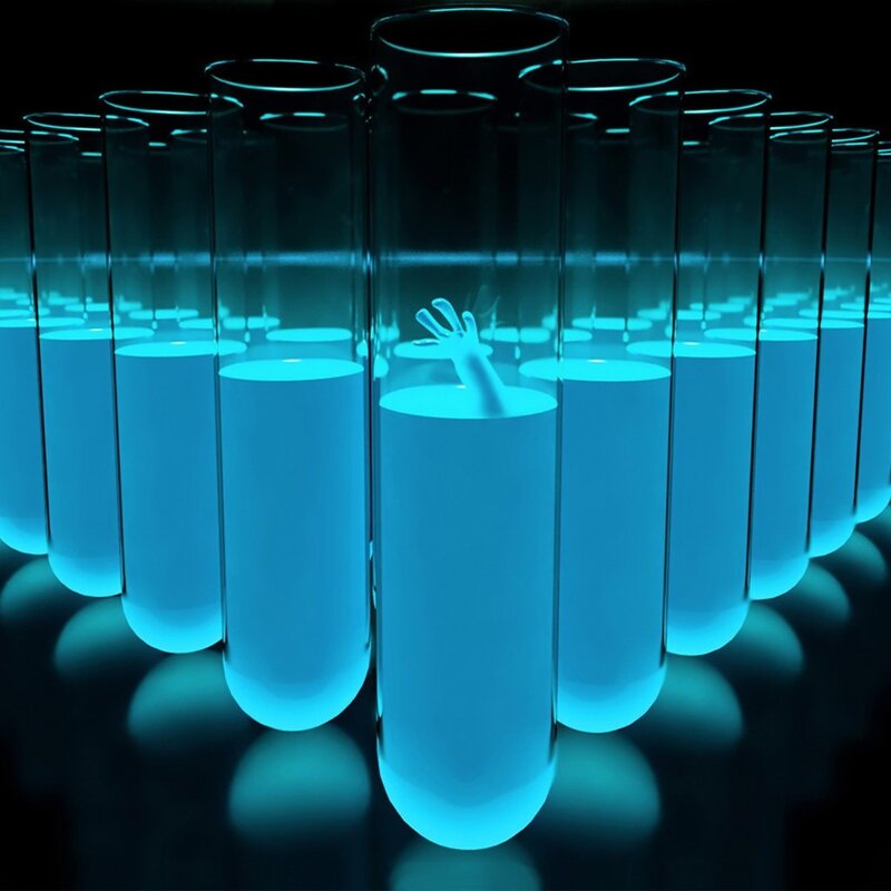 Glowing Blue Test Tubes — Dramatic