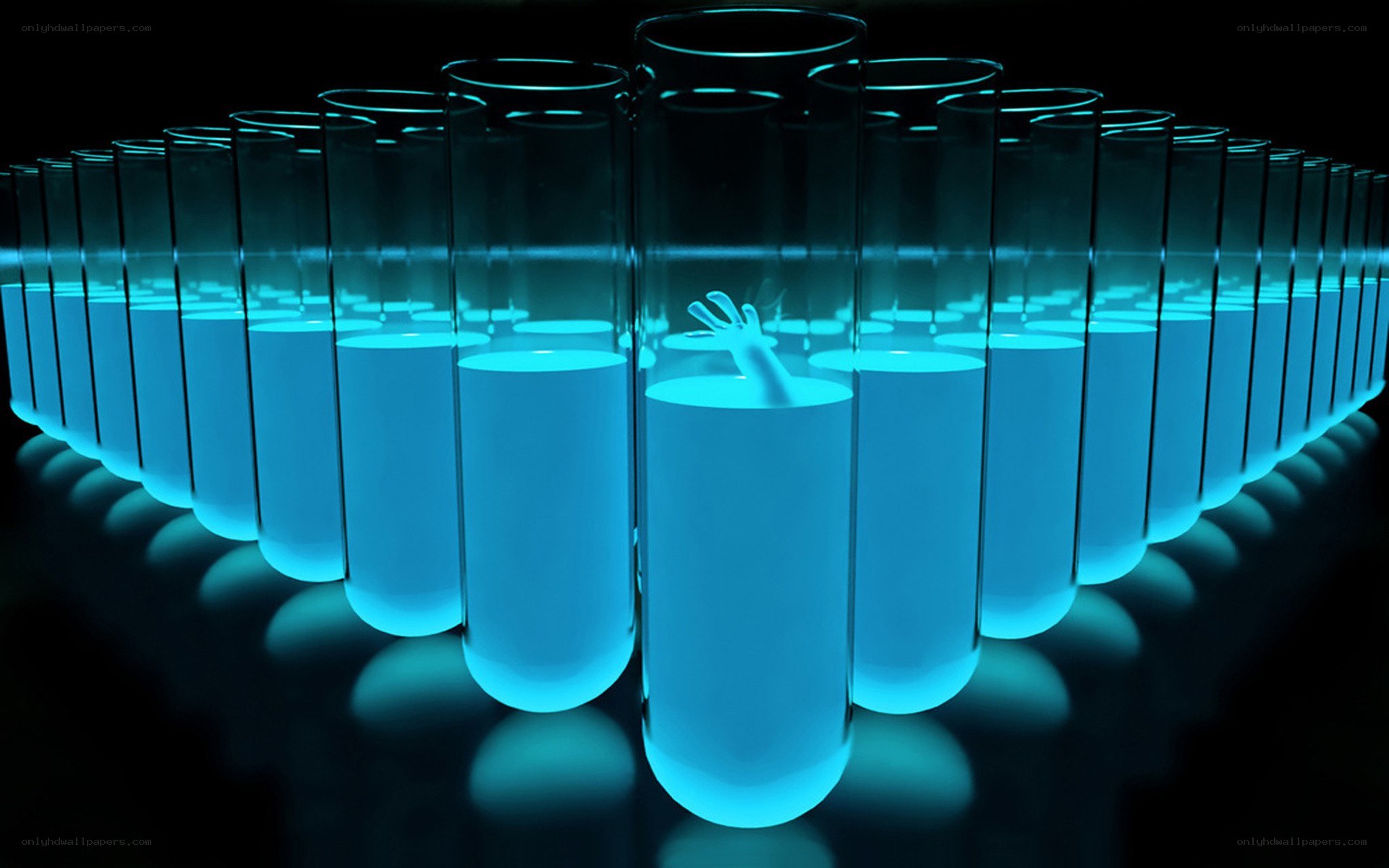 Glowing blue test tubes with hand