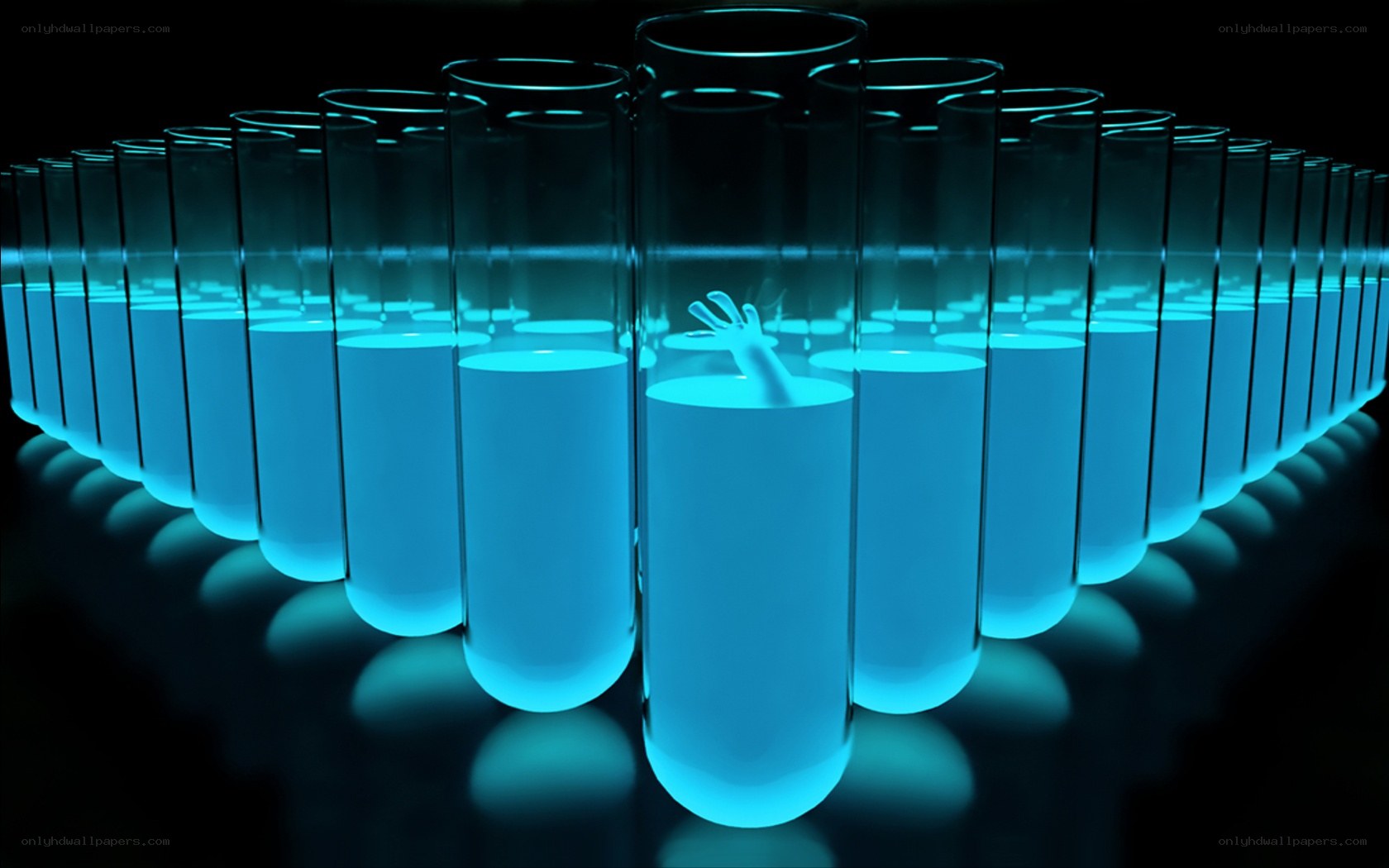 Glowing blue test tubes with hand