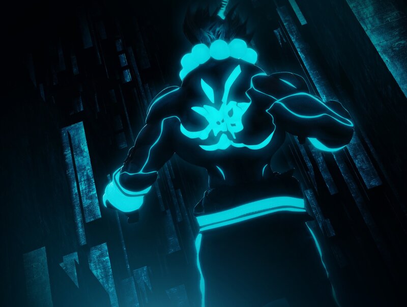 glowing blue warrior figure