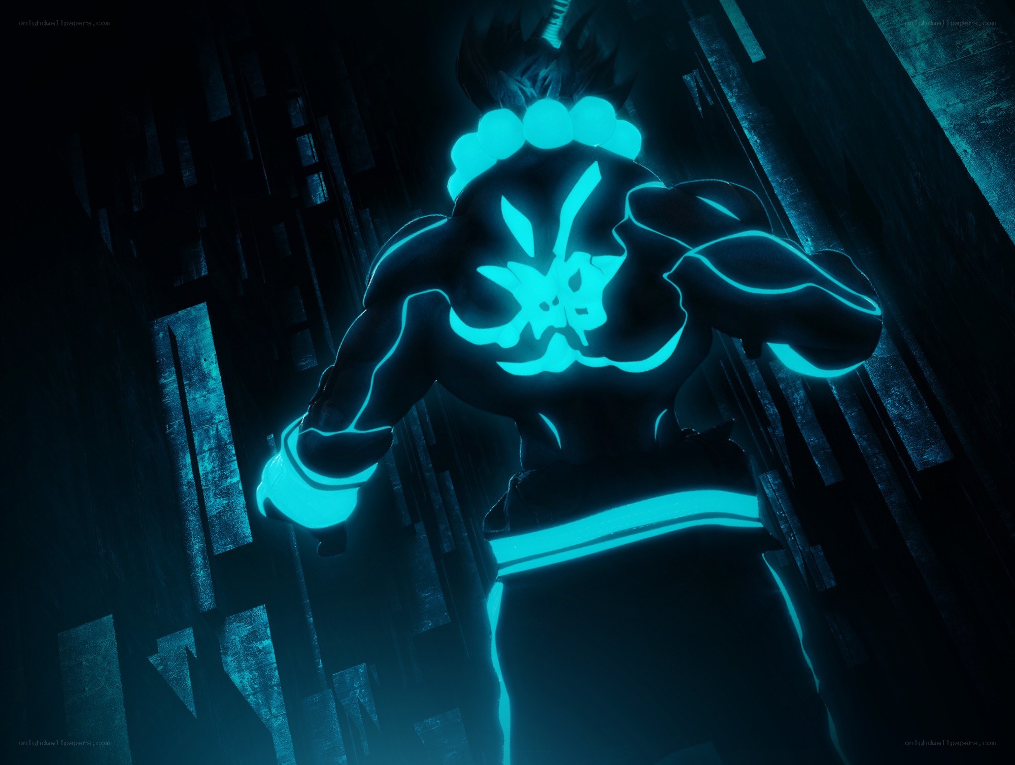 glowing blue warrior figure