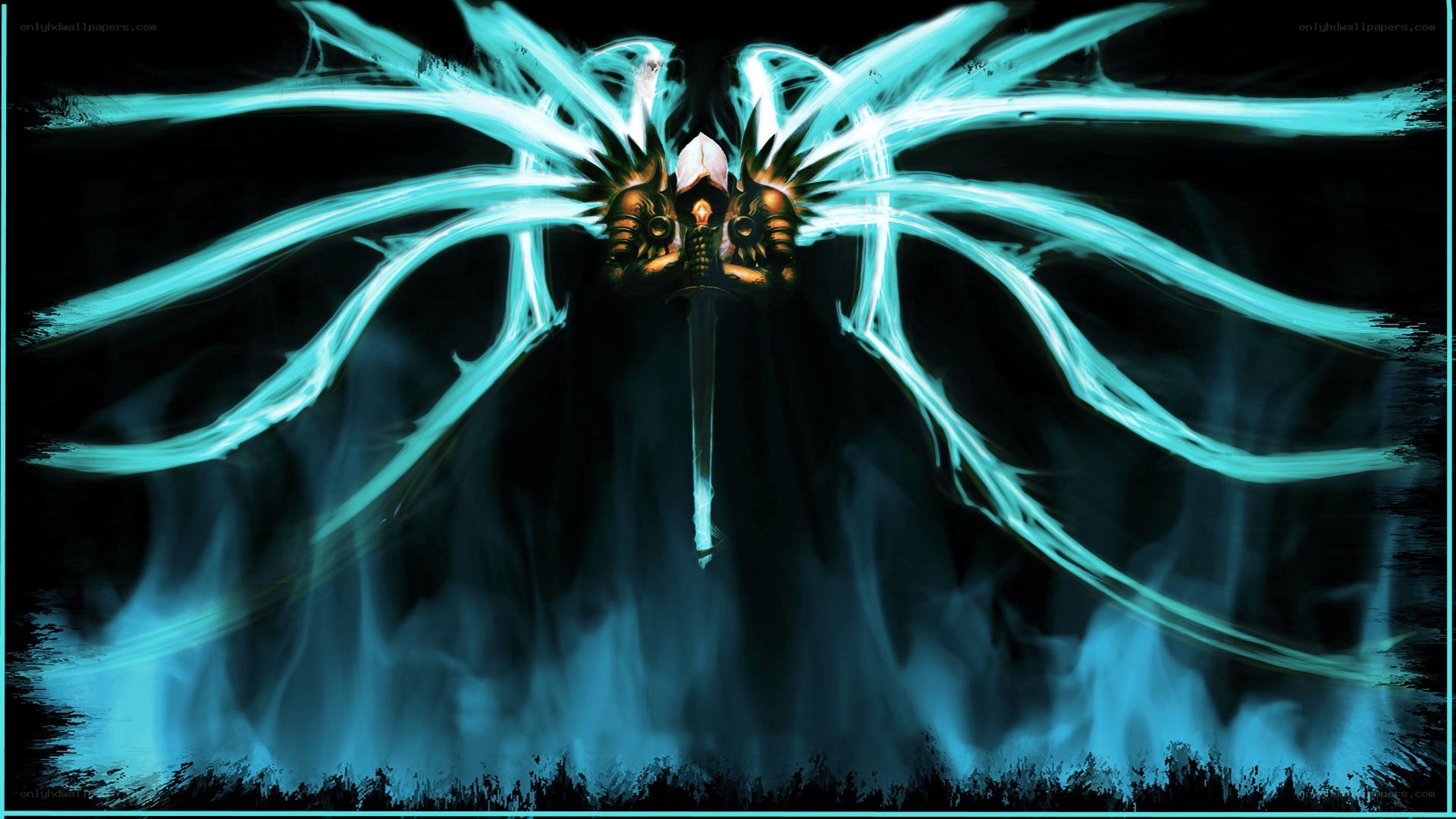 glowing blue wings and sword