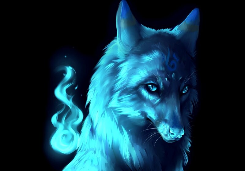 Glowing Blue Wolf — Mystical, Night, Digital Art, Blue Eyes