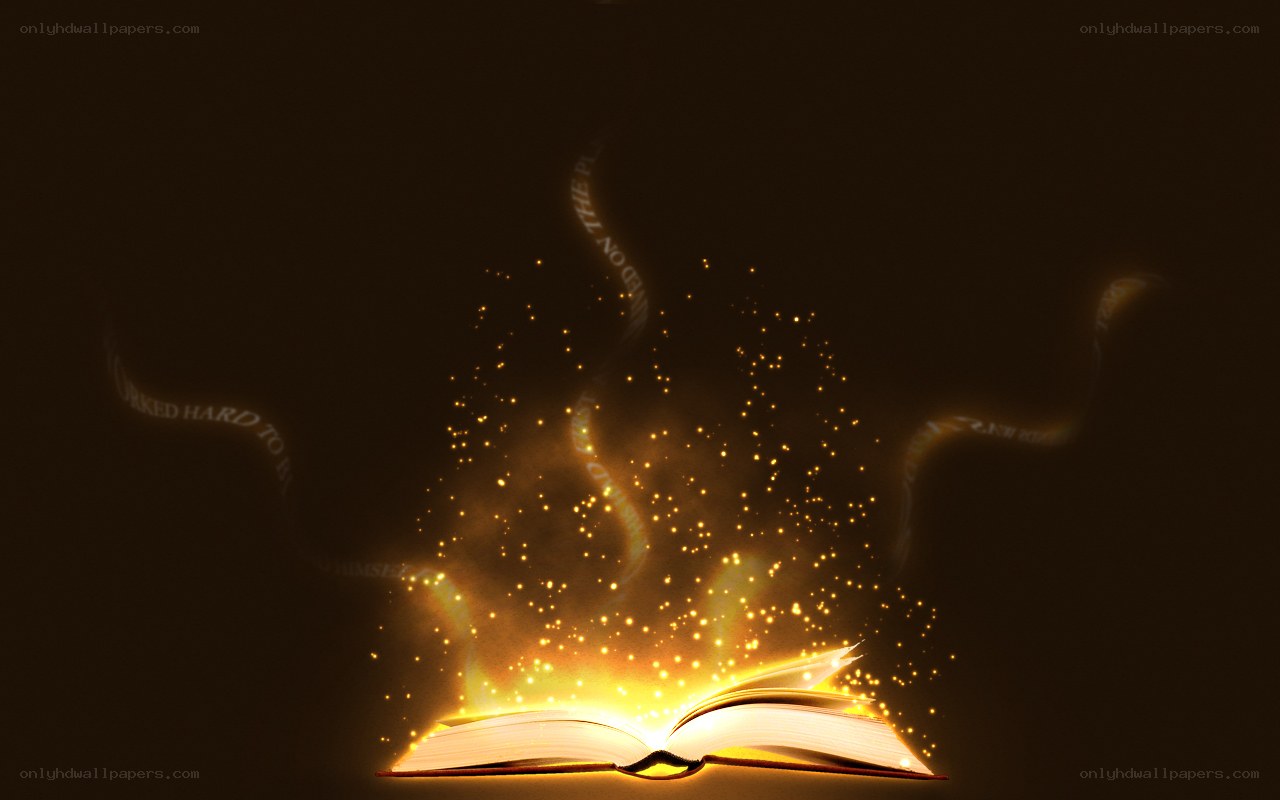 glowing book with magical text