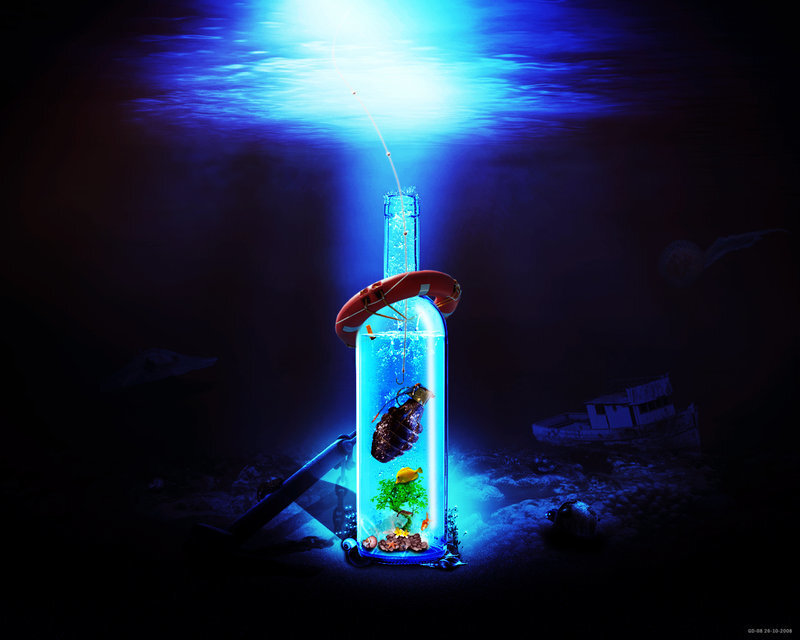 Glowing Bottle Underwater
