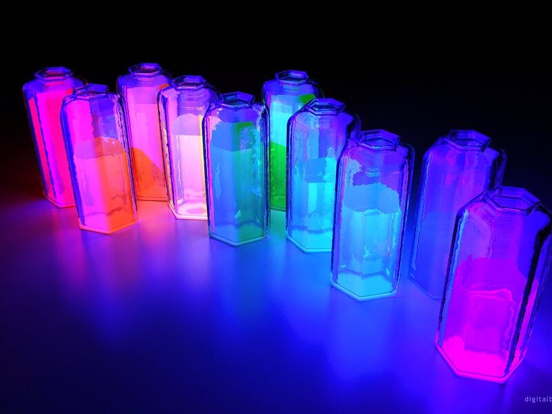 glowing bottles in dark