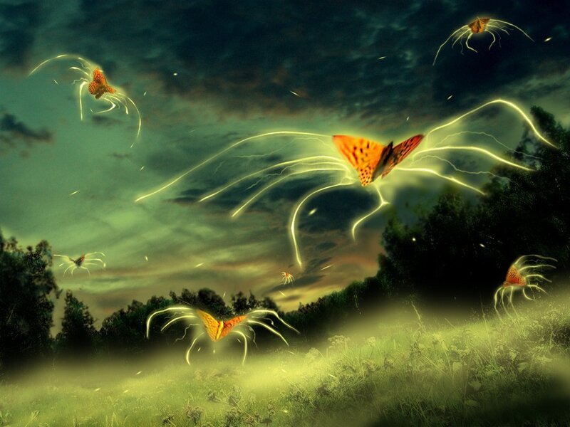 Glowing butterflies in a mystical field
