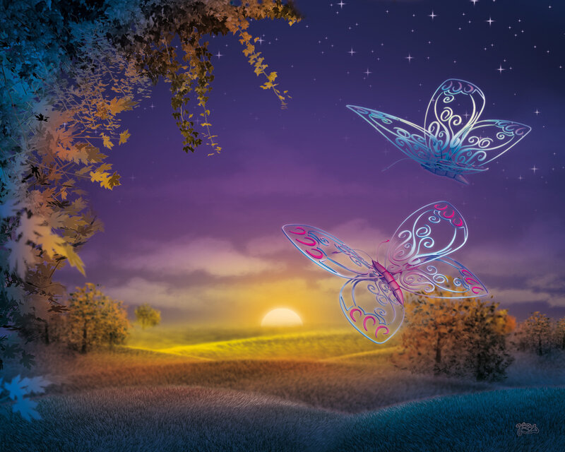 Glowing Butterflies in Field — Purple