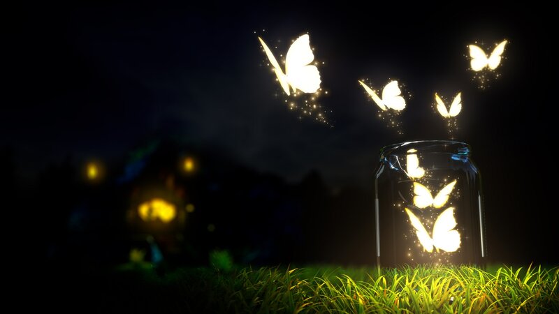 Glowing Butterflies in Jar — Black, Magical, Night