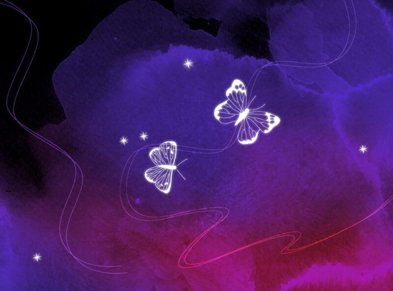glowing butterflies in purple sky