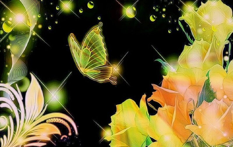 Glowing Butterfly and Flowers — Yellow