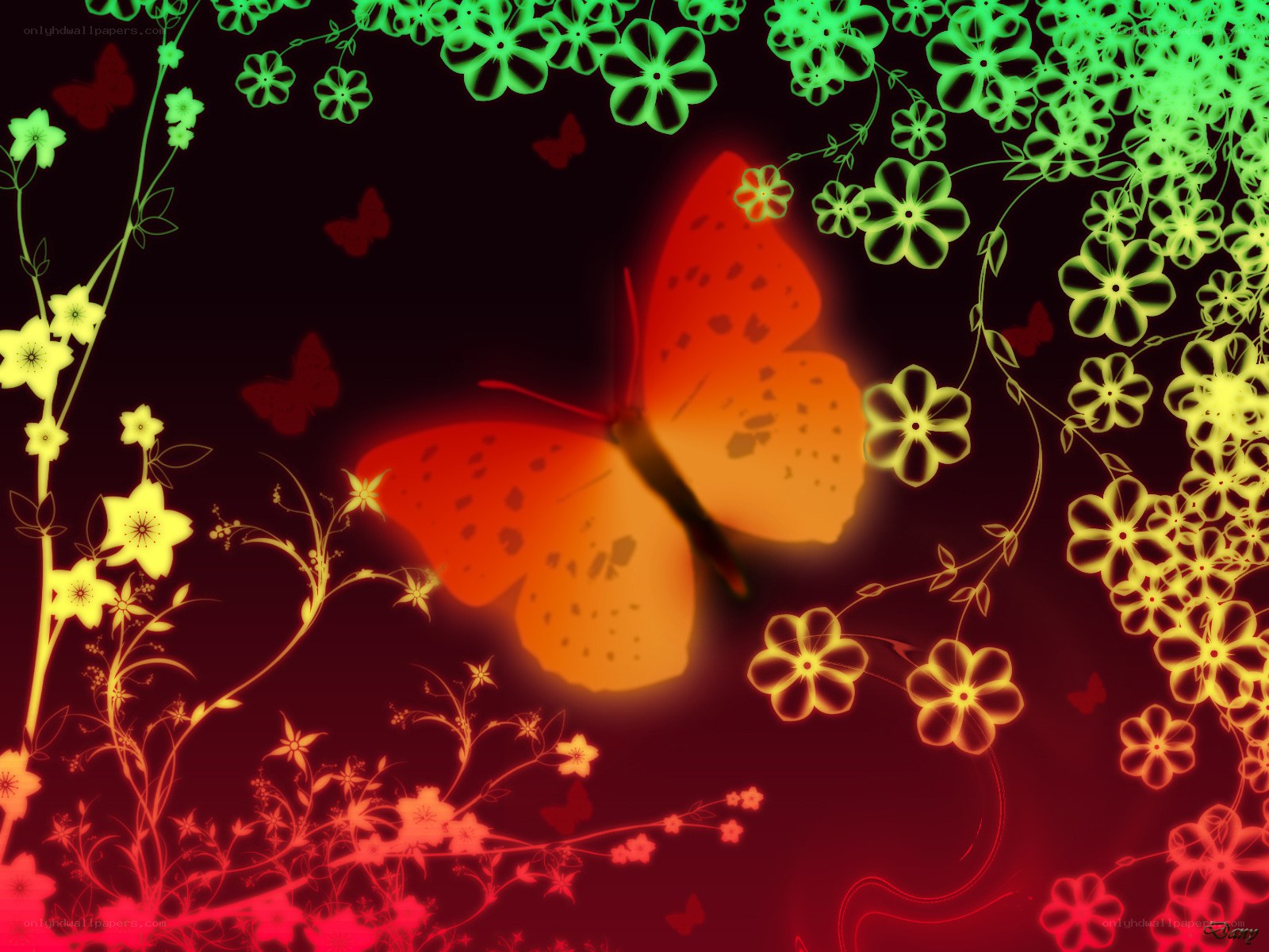 glowing butterfly and flowers