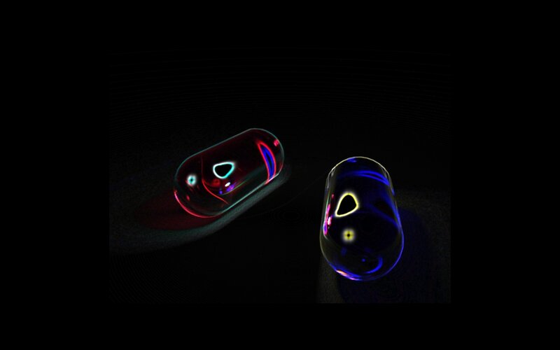 glowing capsules in darkness
