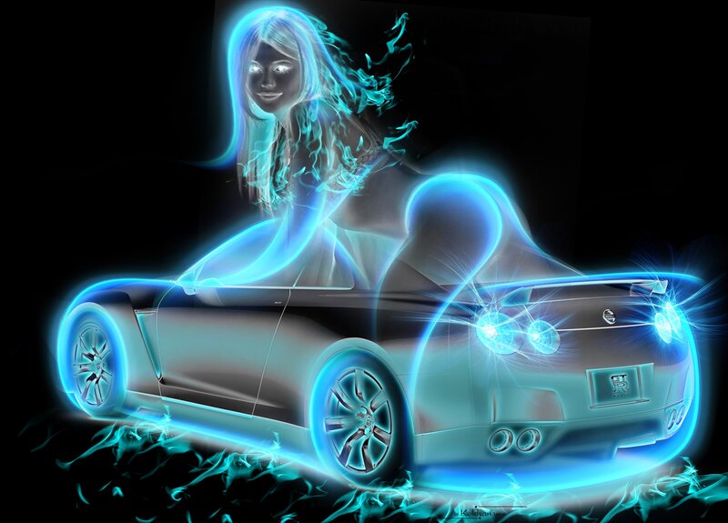 glowing car with woman figure