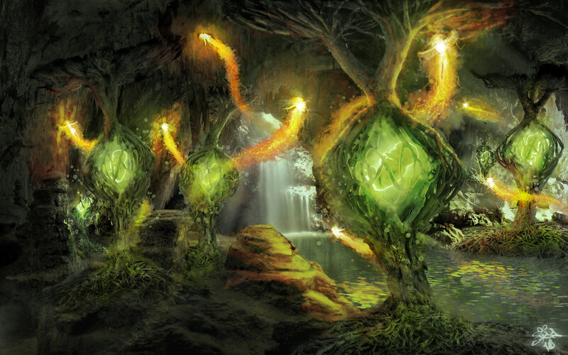 Glowing cave with bioluminescent plants