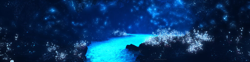 glowing cave with blue river