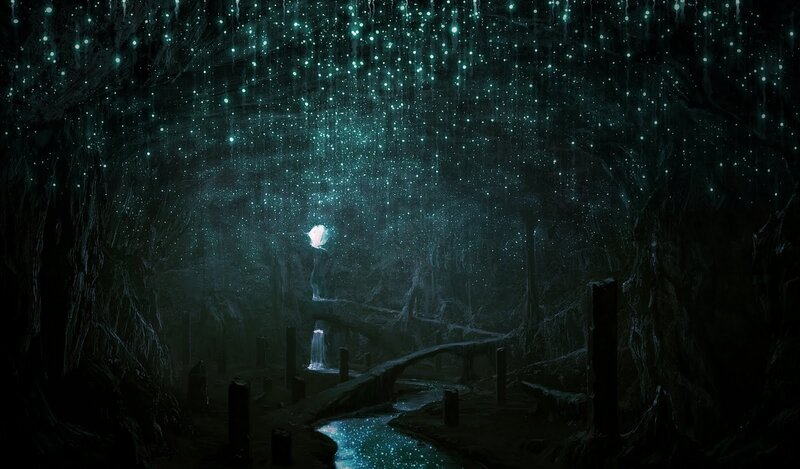 Glowing Cave with Stream