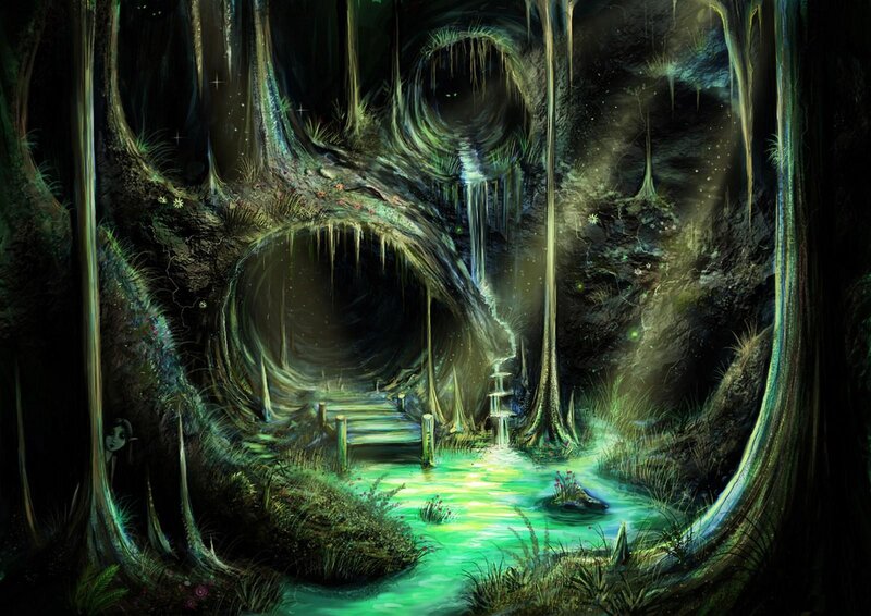Glowing Cave with Waterfall