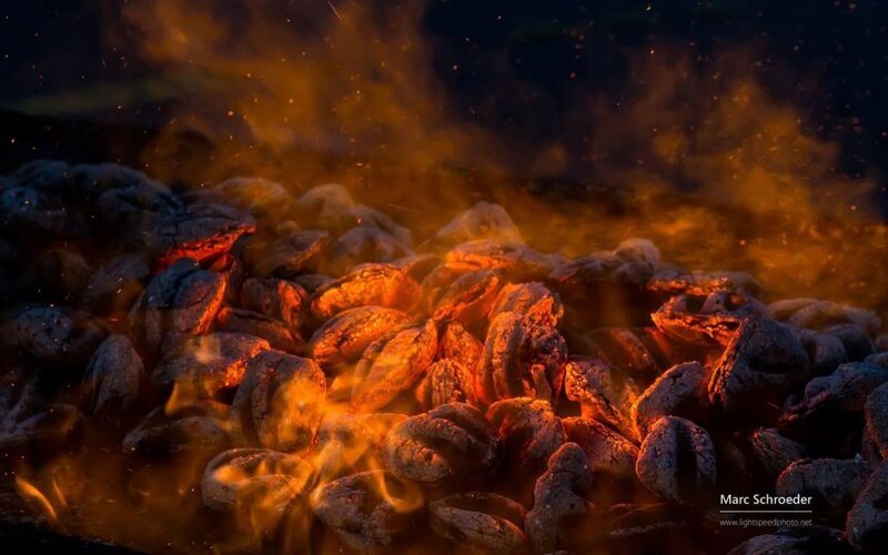 Glowing Charcoal Briquettes — Orange, Dramatic, Night