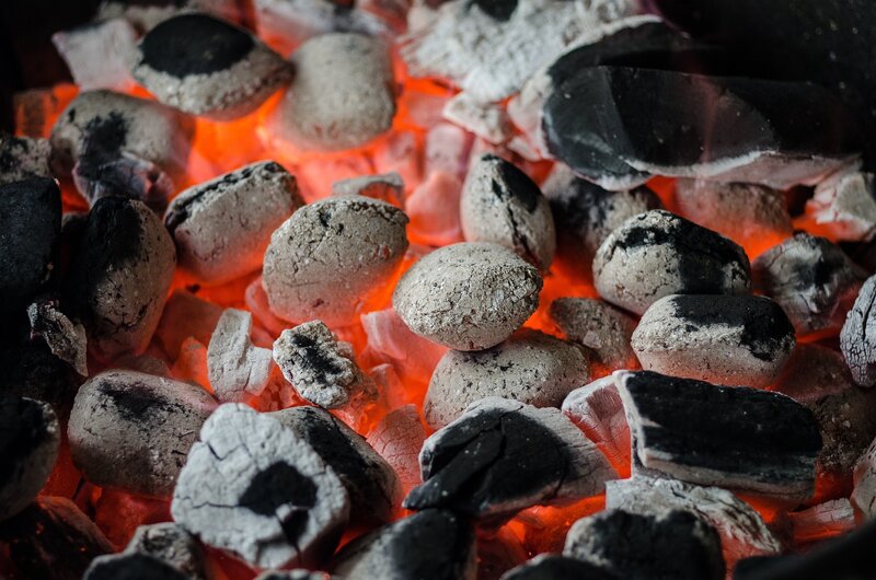 Glowing Charcoal Briquettes — Red, Warm, Photograph