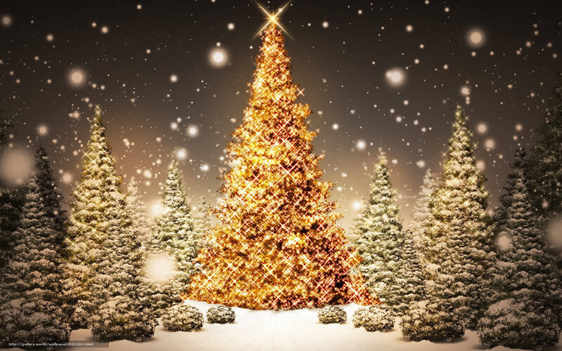 Glowing Christmas Tree — Gold, Festive, Night, Digital Art