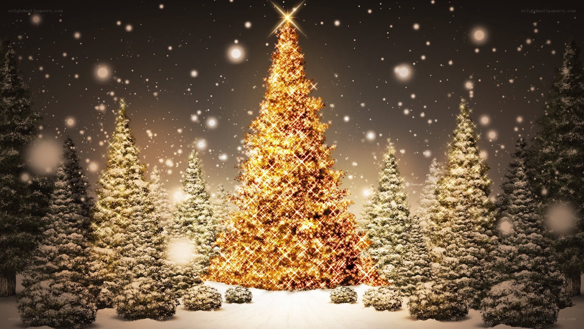 glowing christmas tree in snow