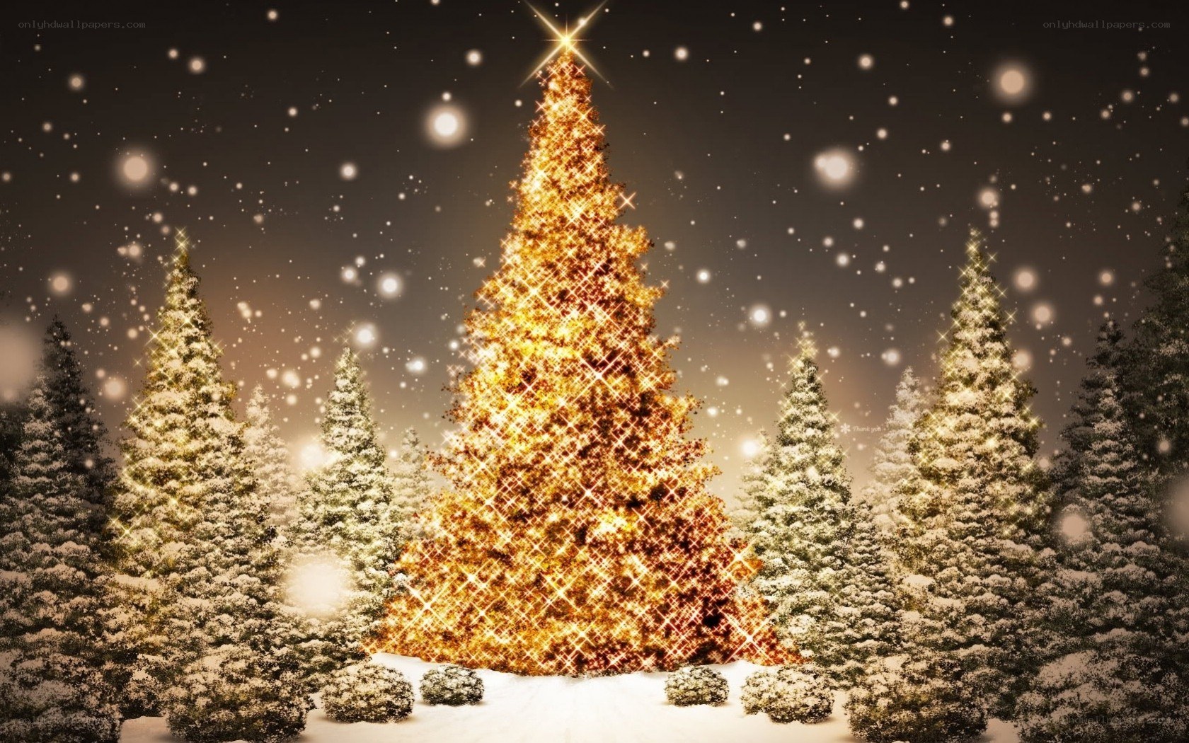 glowing christmas tree in snow