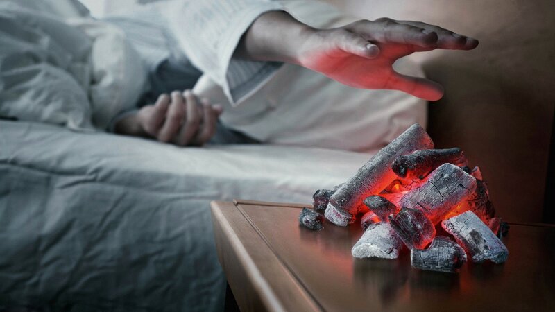 Glowing Coals on Nightstand — Red, Dramatic