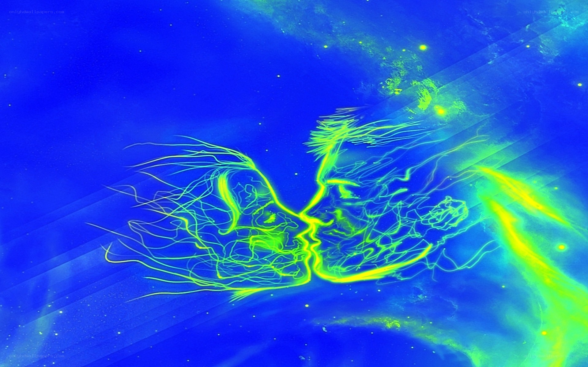 glowing couple kissing