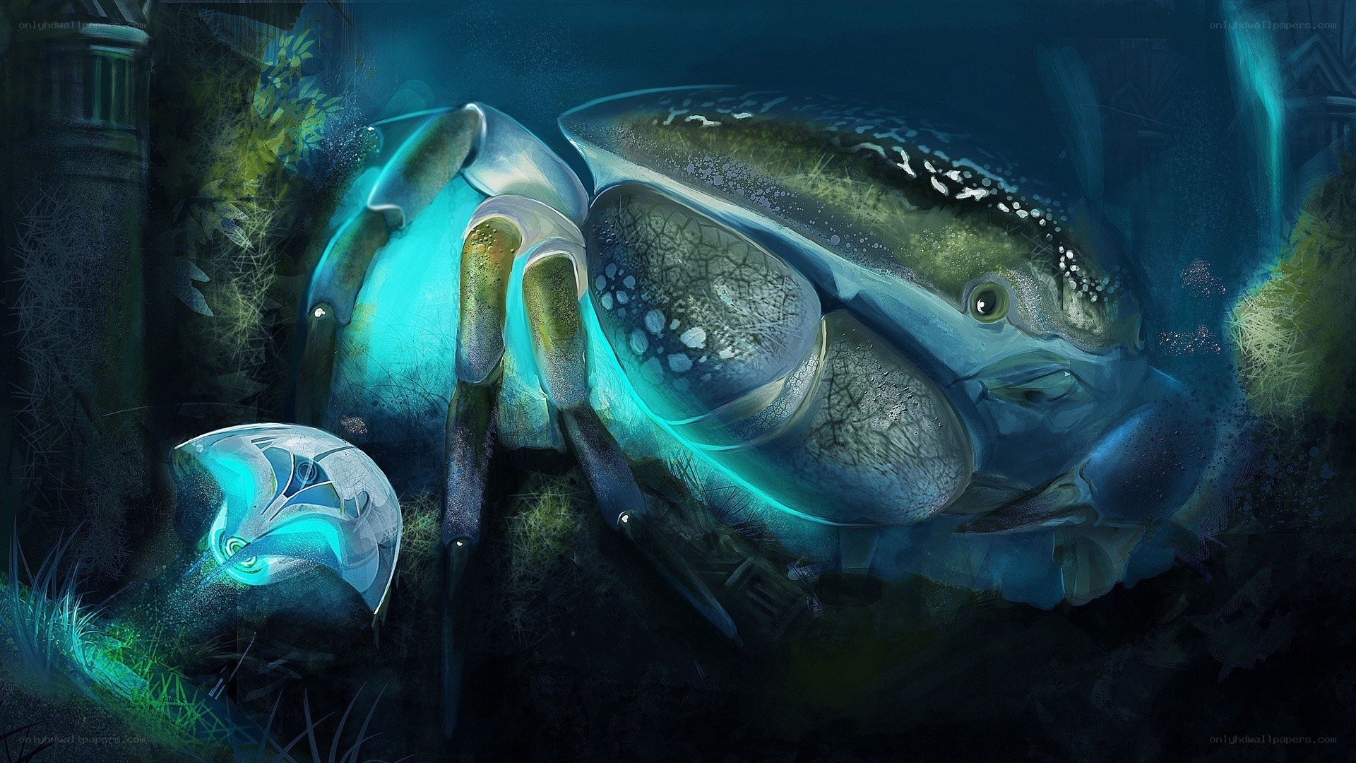 Glowing crab in underwater ruins