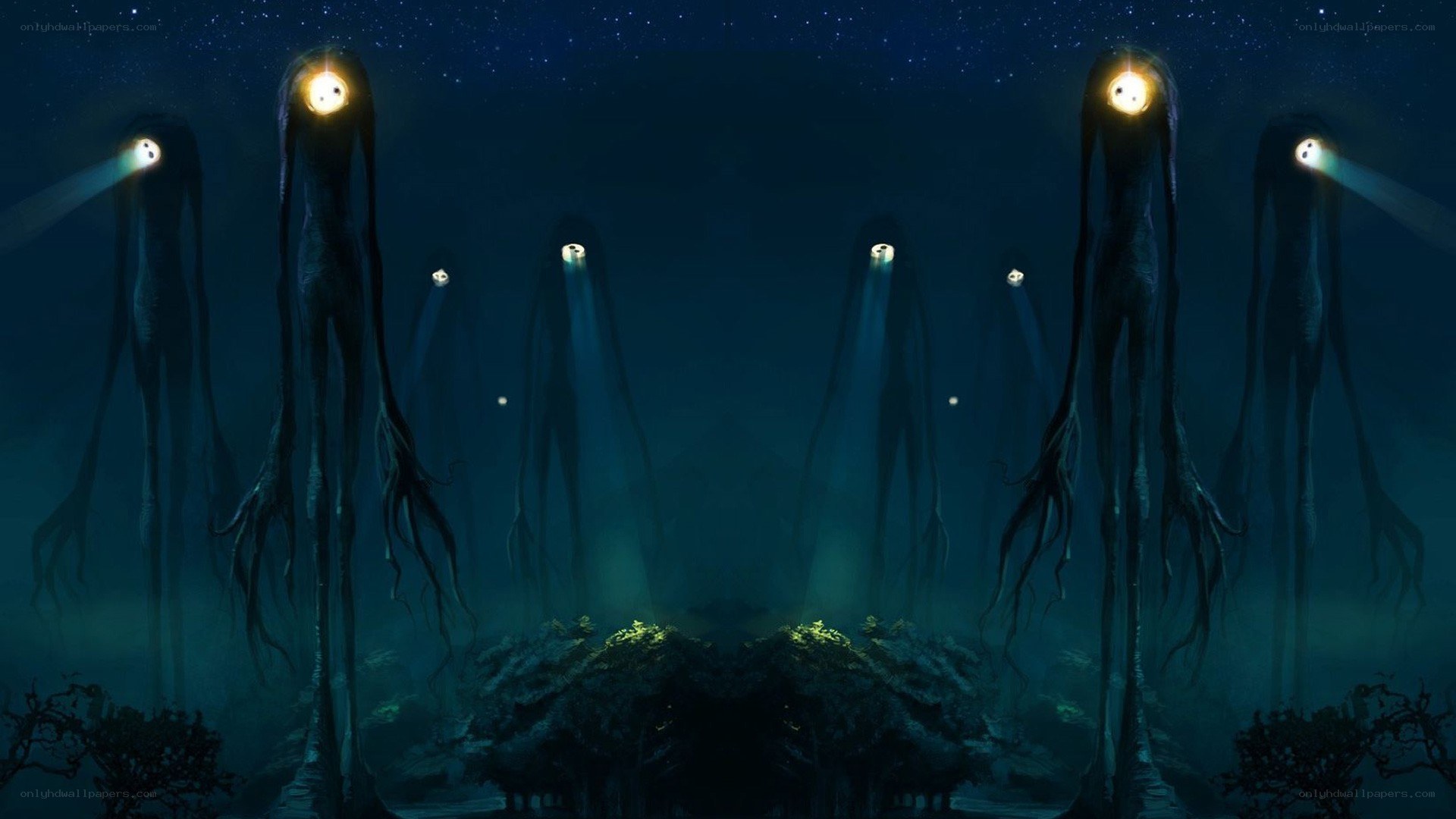 Glowing creatures in a dark forest