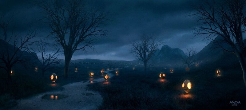 Glowing creatures in a dark landscape